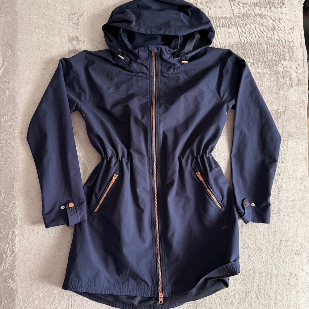 Athleta Navy Blue Hooded Anorak‎ Parka Jacket Rose Gold Zippers Size XS
